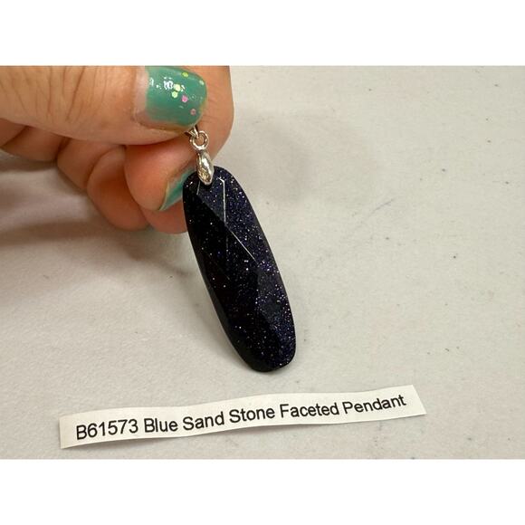 Sandstone Faceted Pendant 925 Sterling Silver Bale Oval Navy Blue Sparkling 6.8g - Picture 6 of 11